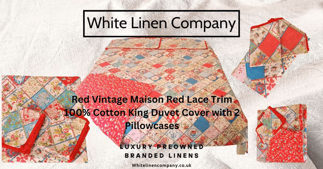 Red Vintage Maison Red Lace Trim 100% Cotton King Duvet Cover with 2 Pillowcases