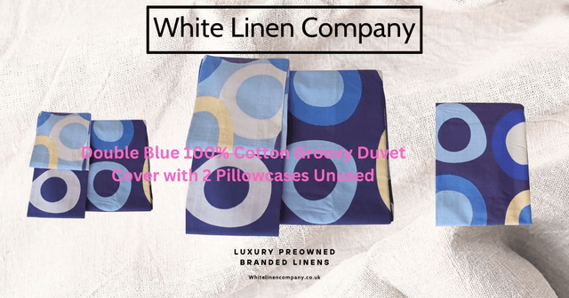 Double Blue 100% Cotton Groovy Duvet Cover with 2 Pillowcases - New Unused