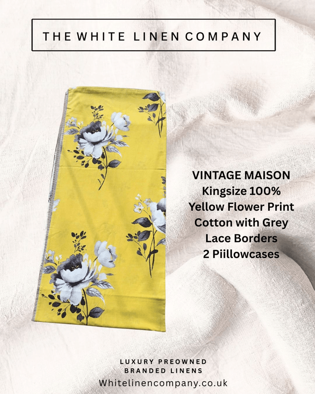 VINTAGE MAISON Kingsize 100% Yellow Flower Print Cotton with Grey Lace Borders 2 Piillowcases