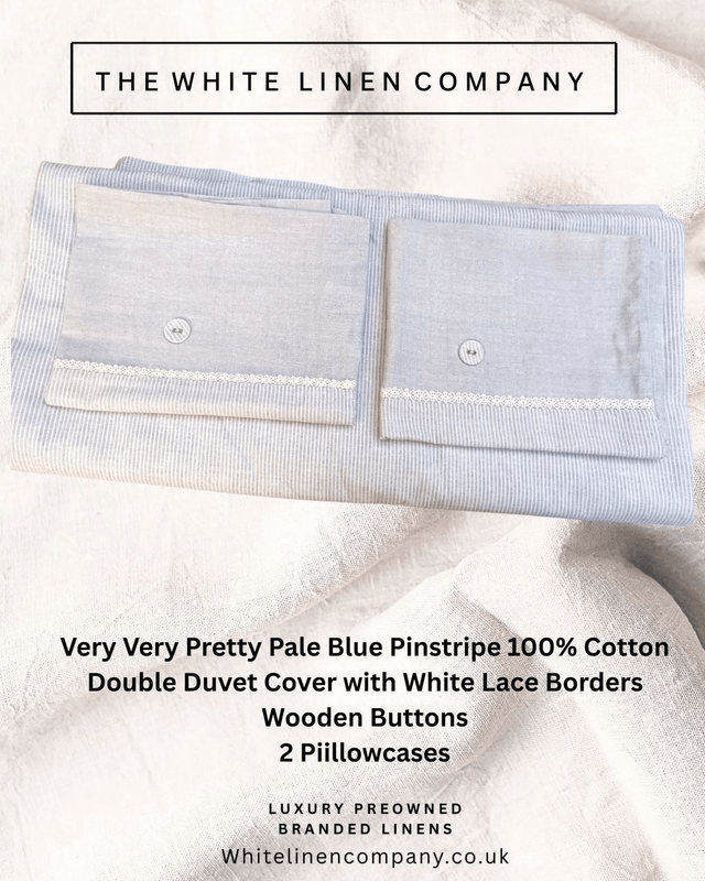 Very Very Pretty Pale Blue Pinstripe 100% Cotton Double Duvet Cover with White Lace Borders Wooden Buttons 2 Pillowcases