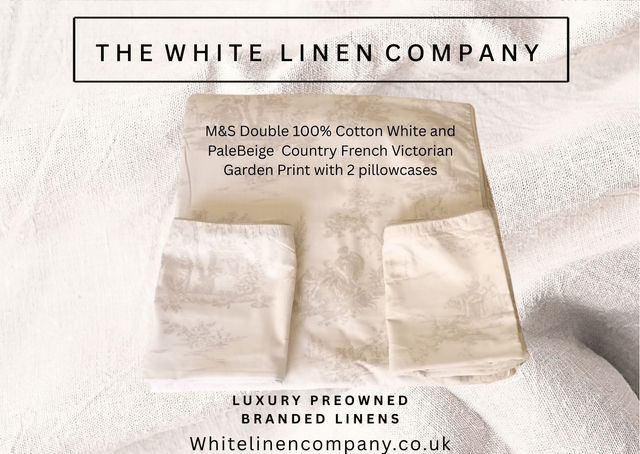 M&S White Double 100% Cotton White and Pale Grey  Vintage Garden Print with 2 pillowcases