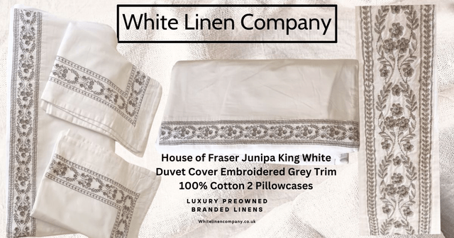 House of Fraser Junipa King White Duvet Cover Embroidered Grey Trim 100% Cotton 2 bPillowcases