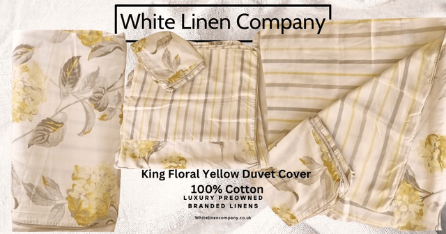Kingsize 100% Cotton Yellow Floral and Grey Striped Duvet Cover 2 P Cases