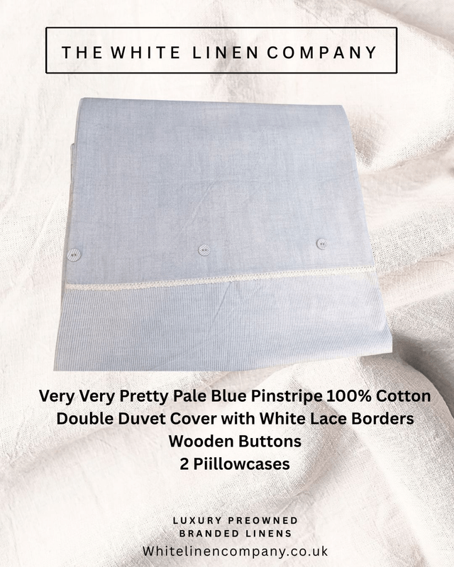 Very Very Pretty Pale Blue Pinstripe 100% Cotton Double Duvet Cover with White Lace Borders Wooden Buttons 2 Pillowcases