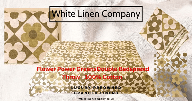 Flower Power Green Retro Vintage Double Bedspread Throw 100% Cotton
