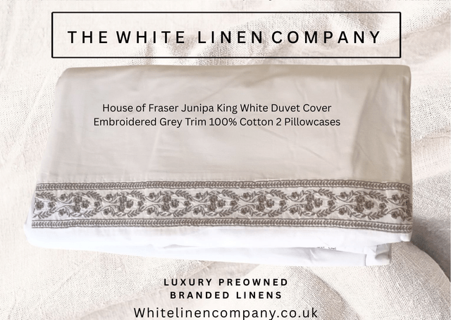 House of Fraser Junipa King White Duvet Cover Embroidered Grey Trim 100% Cotton 2 bPillowcases