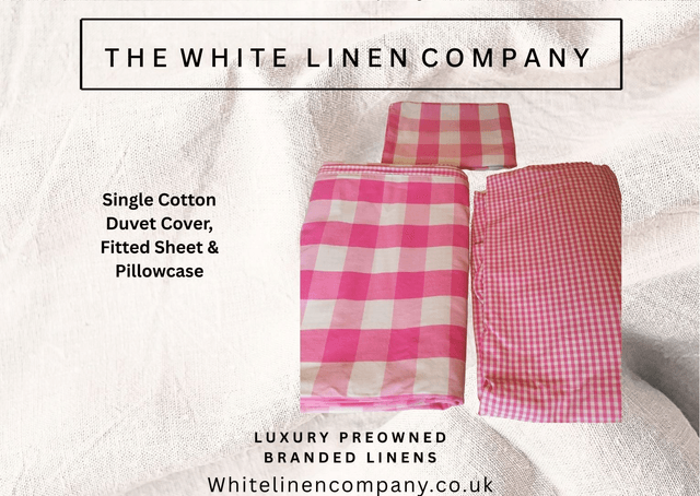 Single Pink Check 100% Cotton Duvet Cover, Fitted Sheet & Pillowcase