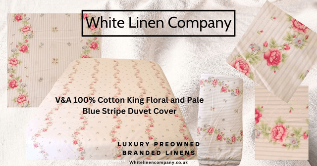 V&amp;A 100% Cotton Pale Blue Stripe and Pink Floral King Duvet Cover